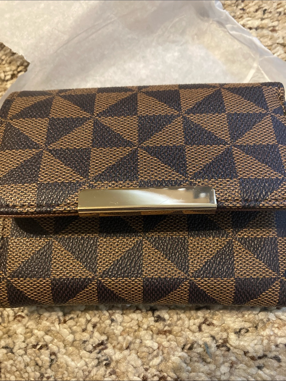 Brown Geometric Pattern Women's Wallet with Gold Accent